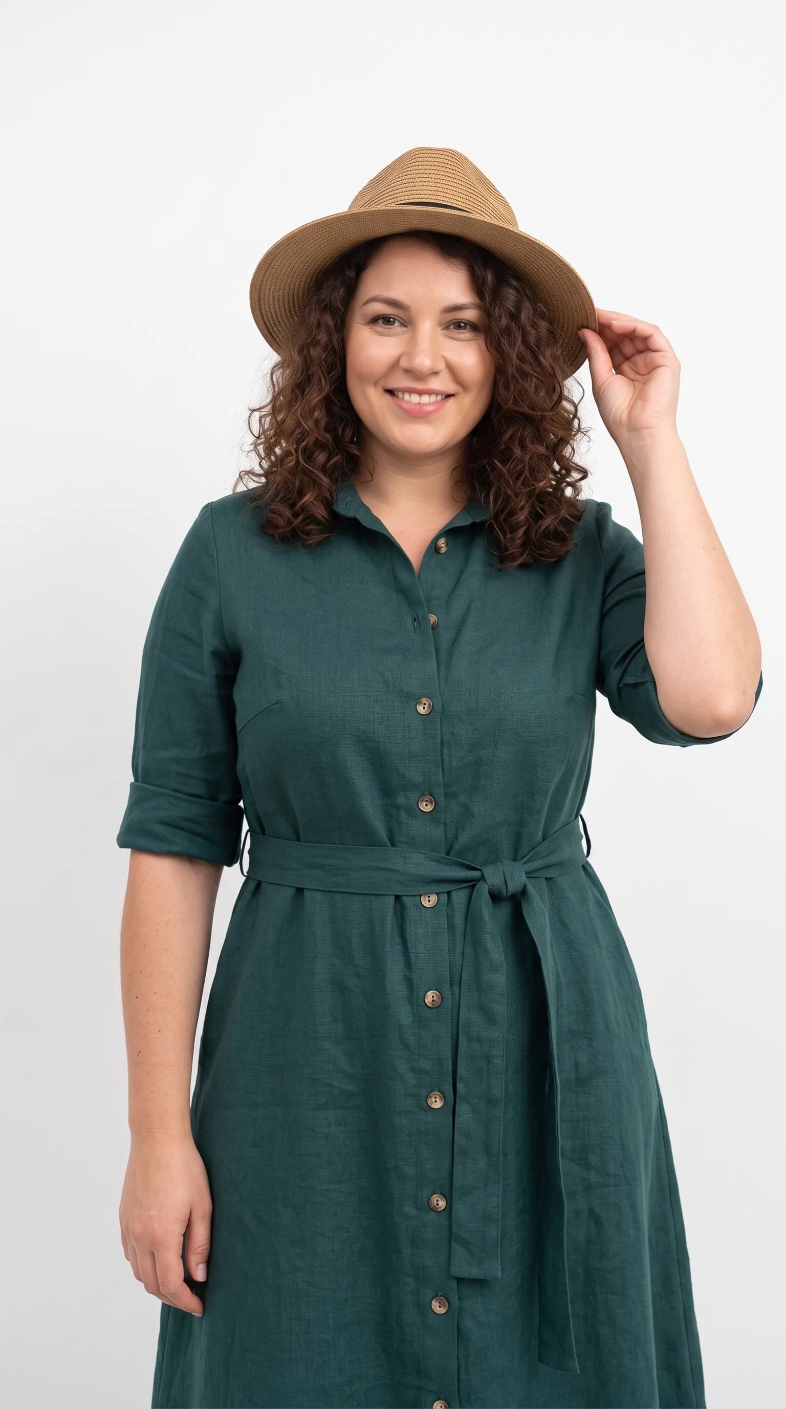 Summer Boho-Chic with Woven Straw Emerald Green Linen Wrap Dress
