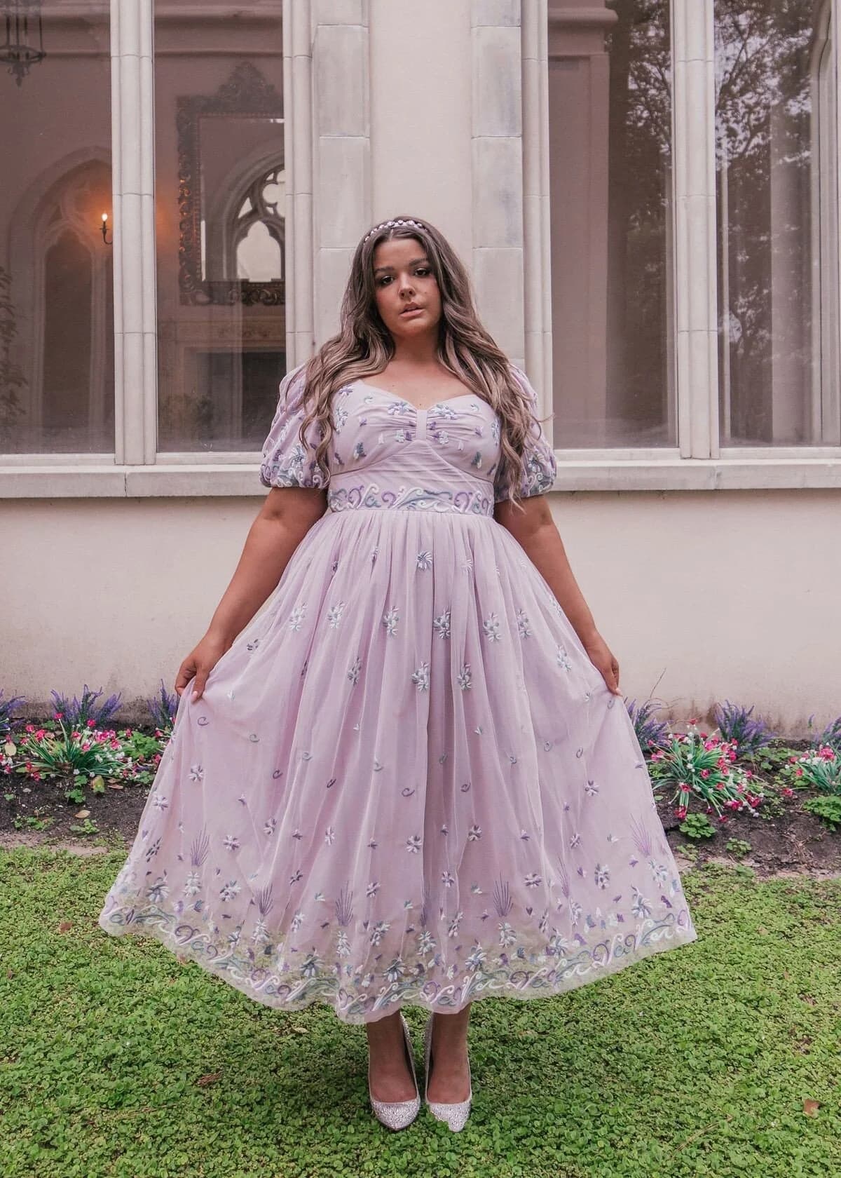 Lavender Embroidered Tulle Midi Dress