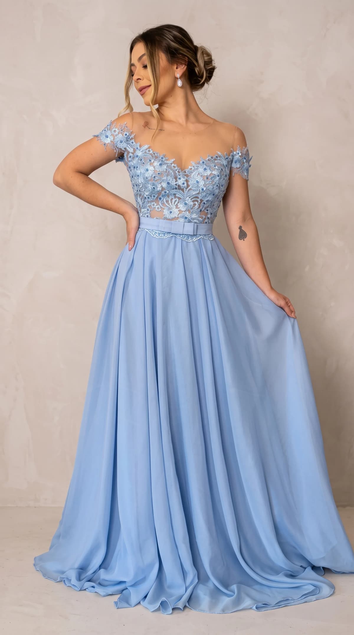 Cornflower Blue Lace Illusion A-Line Gowns Dress