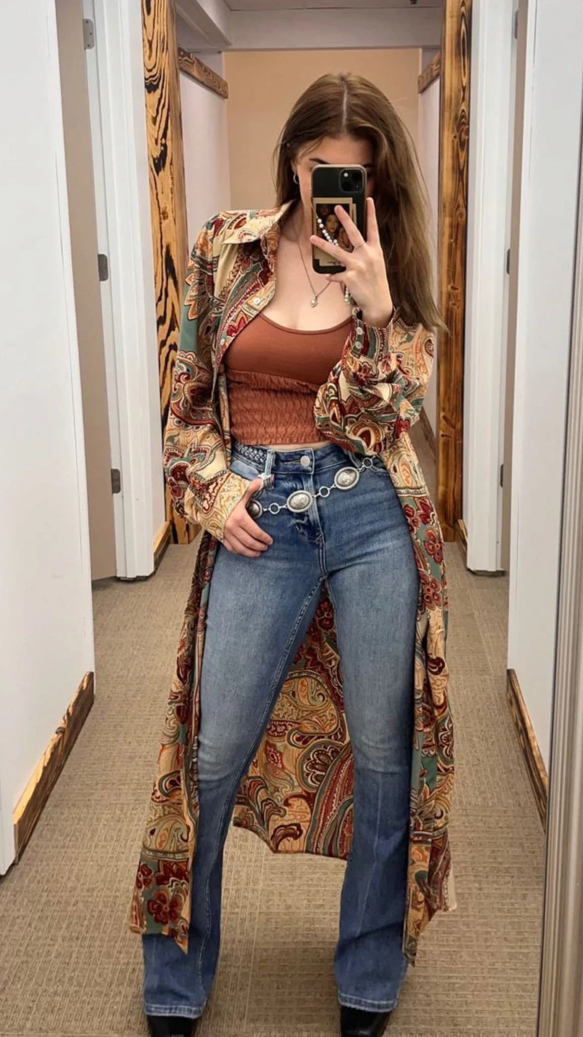 Paisley Duster Coat Over Cropped Layers