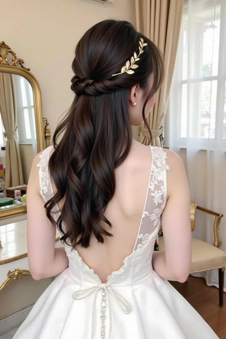 Elegant Gold Leaf Half-Up Style