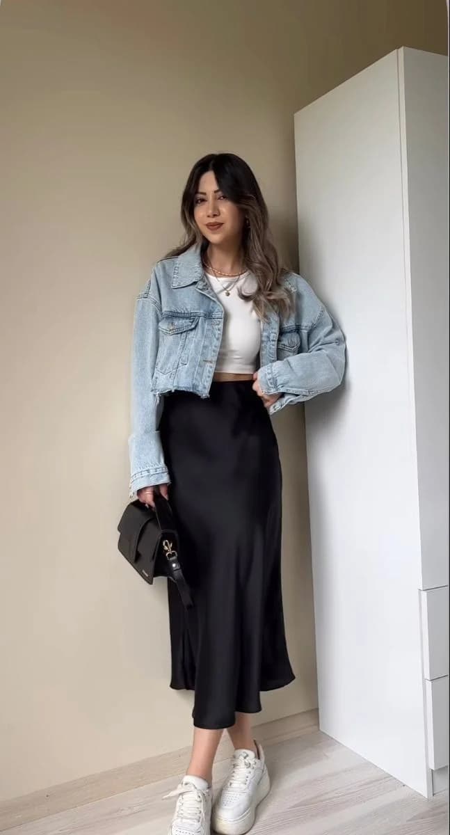 Black Midi Skirt with Denim Jacket
