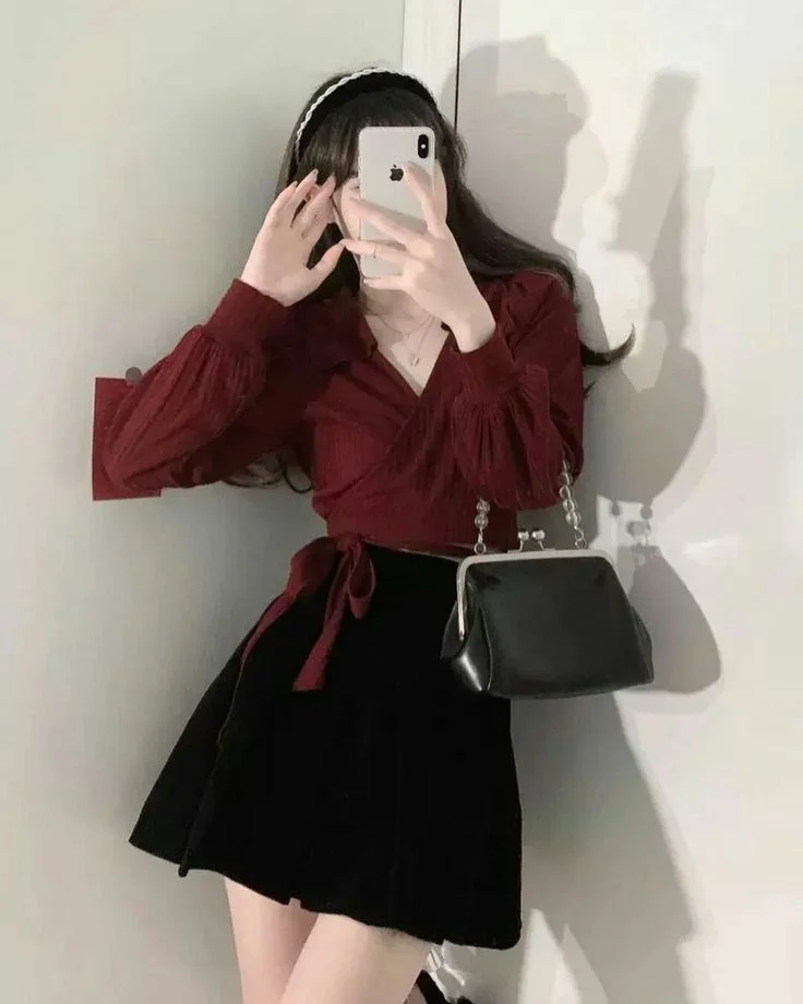 Burgundy Wrap Top With Black Skirt