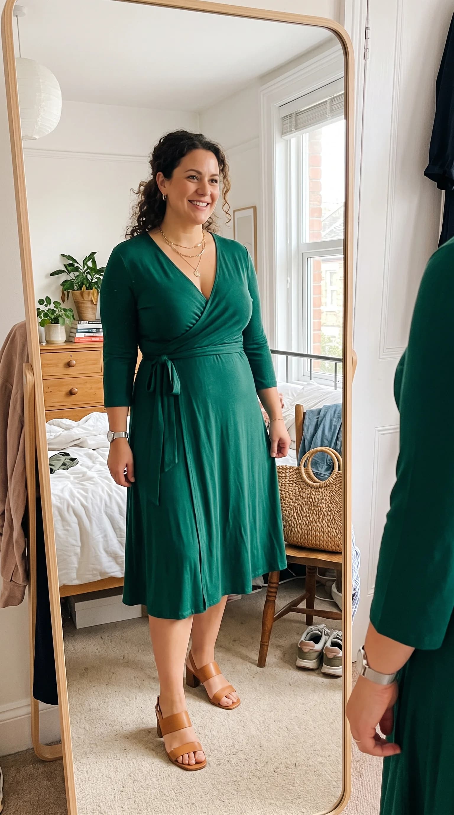 High-Contrast Edge with Fuchsia Pops Emerald Green Wrap Dress Pink Accessories Style