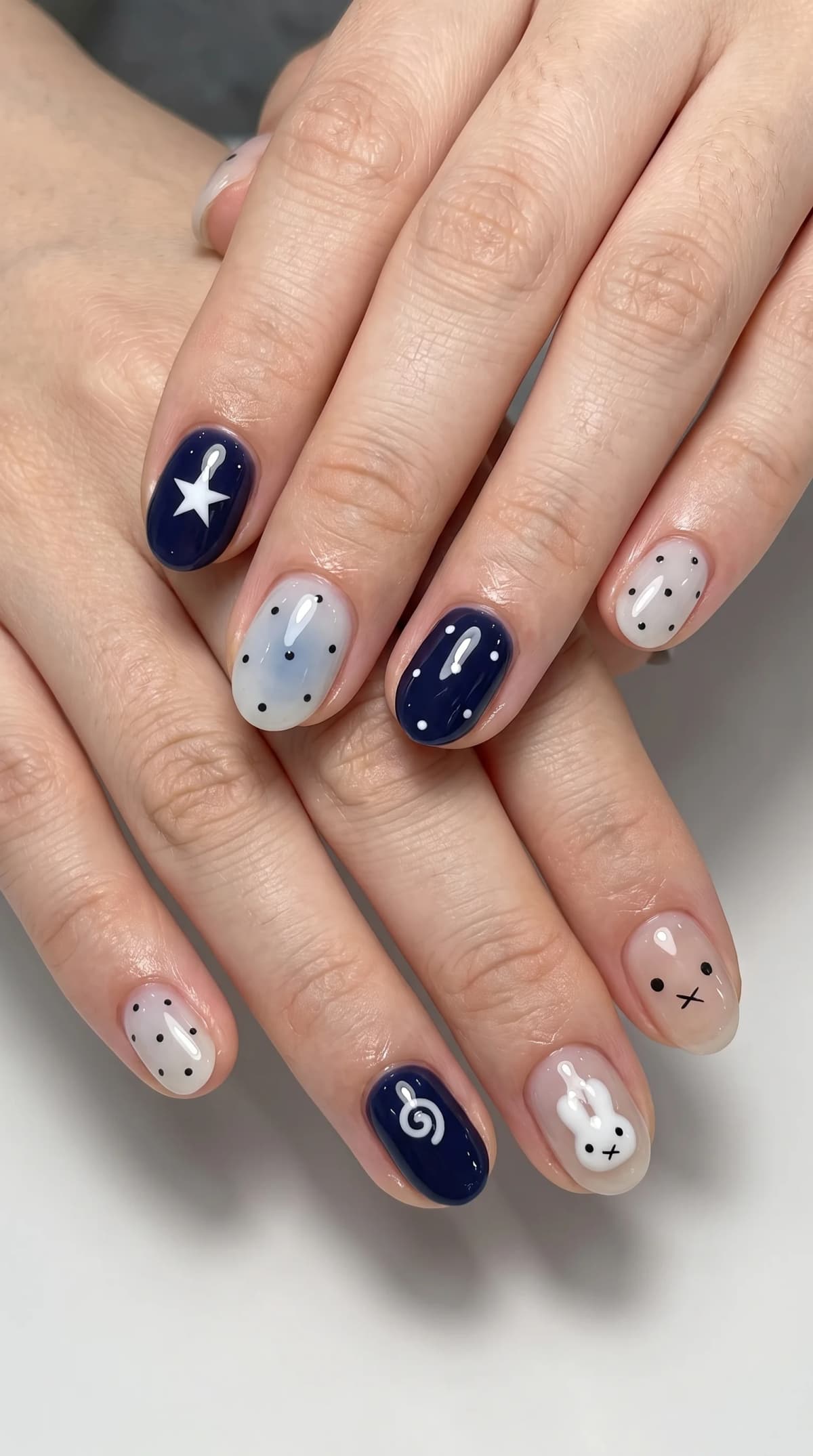 Celestial Navy & Cute Bunny Nails Inspo