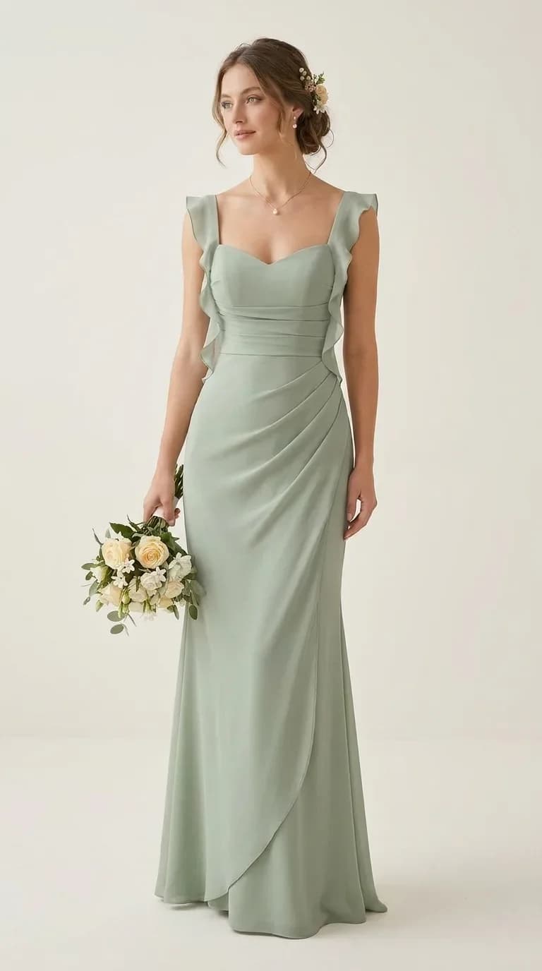 Ruffled Strap Chiffon Maxi Dress in Mint Green