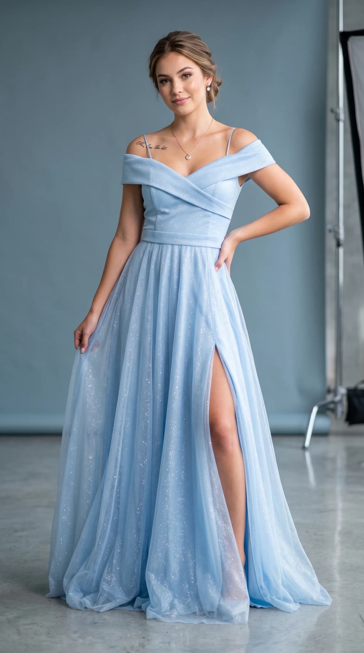 Off-The-Shoulder Ice Blue Sparkle Gowns Wedding Dress