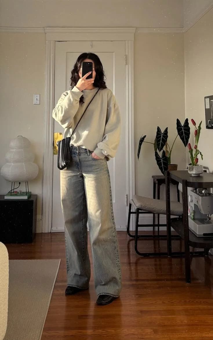 Oversized Cream Sweatshirt With Wide-Leg Jeans