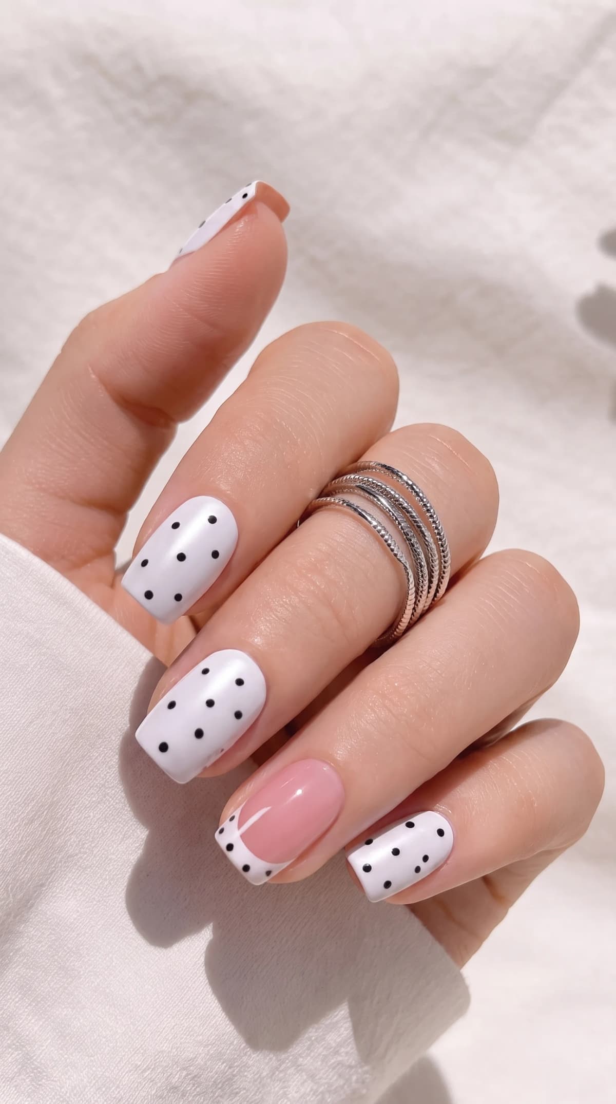 Chic Black & White Polka Dot French Nails Inspo