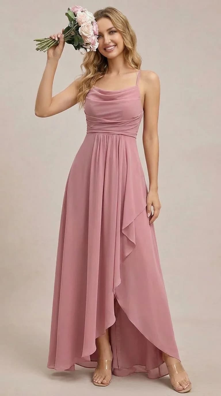 Double-Layer Chiffon Cowl Neck Maxi Dress in Dusty Pink