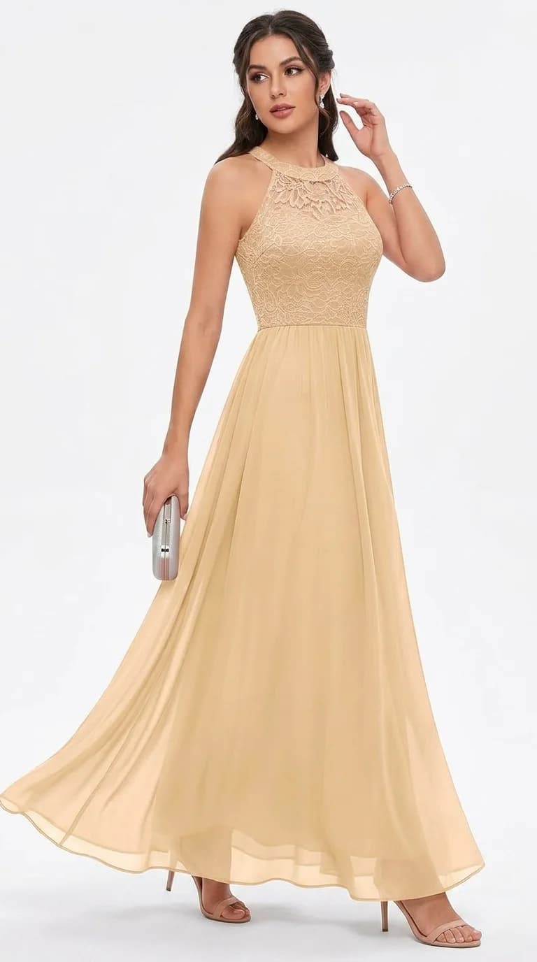 Wedtrend Halter Neck Lace and Chiffon Maxi Dress in Champagne Gold
