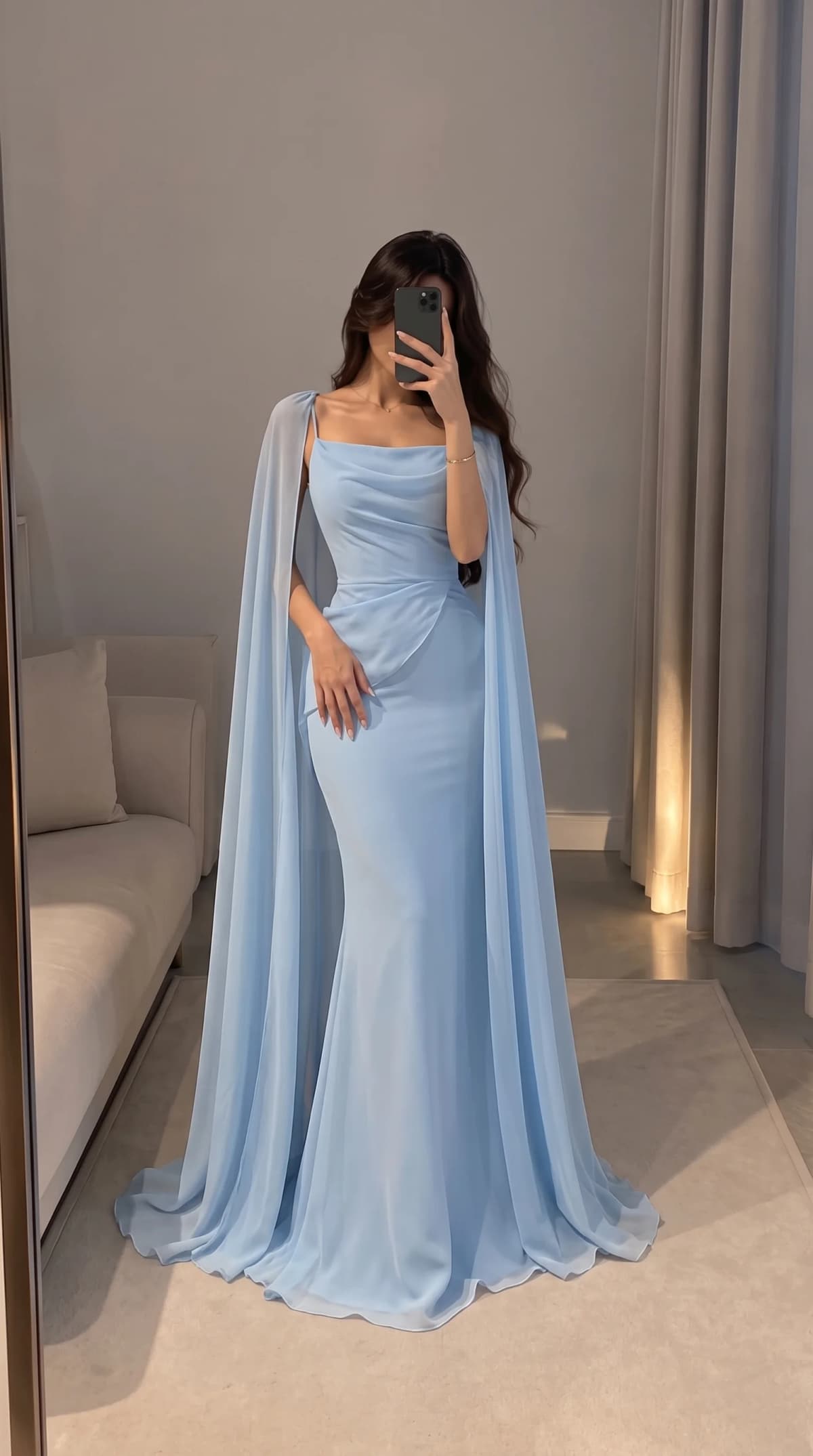 Draped Caped Light Blue Sheath Gowns