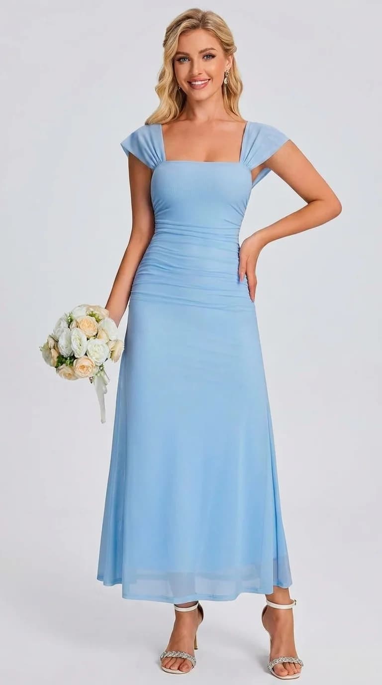 EYNMIN Cap-Sleeve Ruched Mesh Maxi Dress in Light Blue