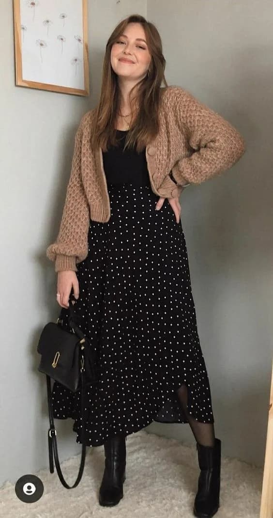 Cozy Cardigan with Polka Dot Midi Skirt