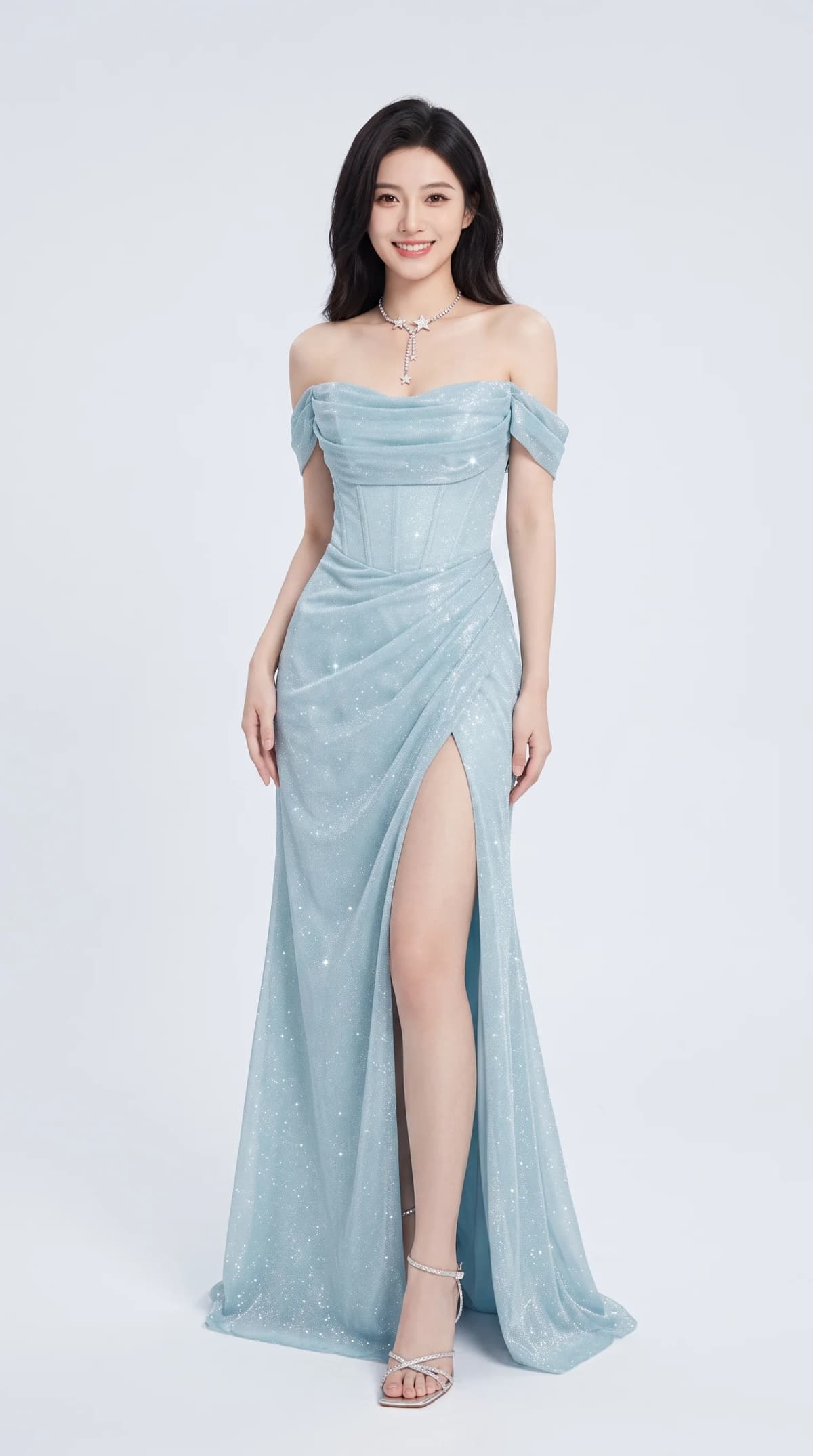 Glitzy Corseted Ice Blue Draped Gowns Bridesmaid Dress