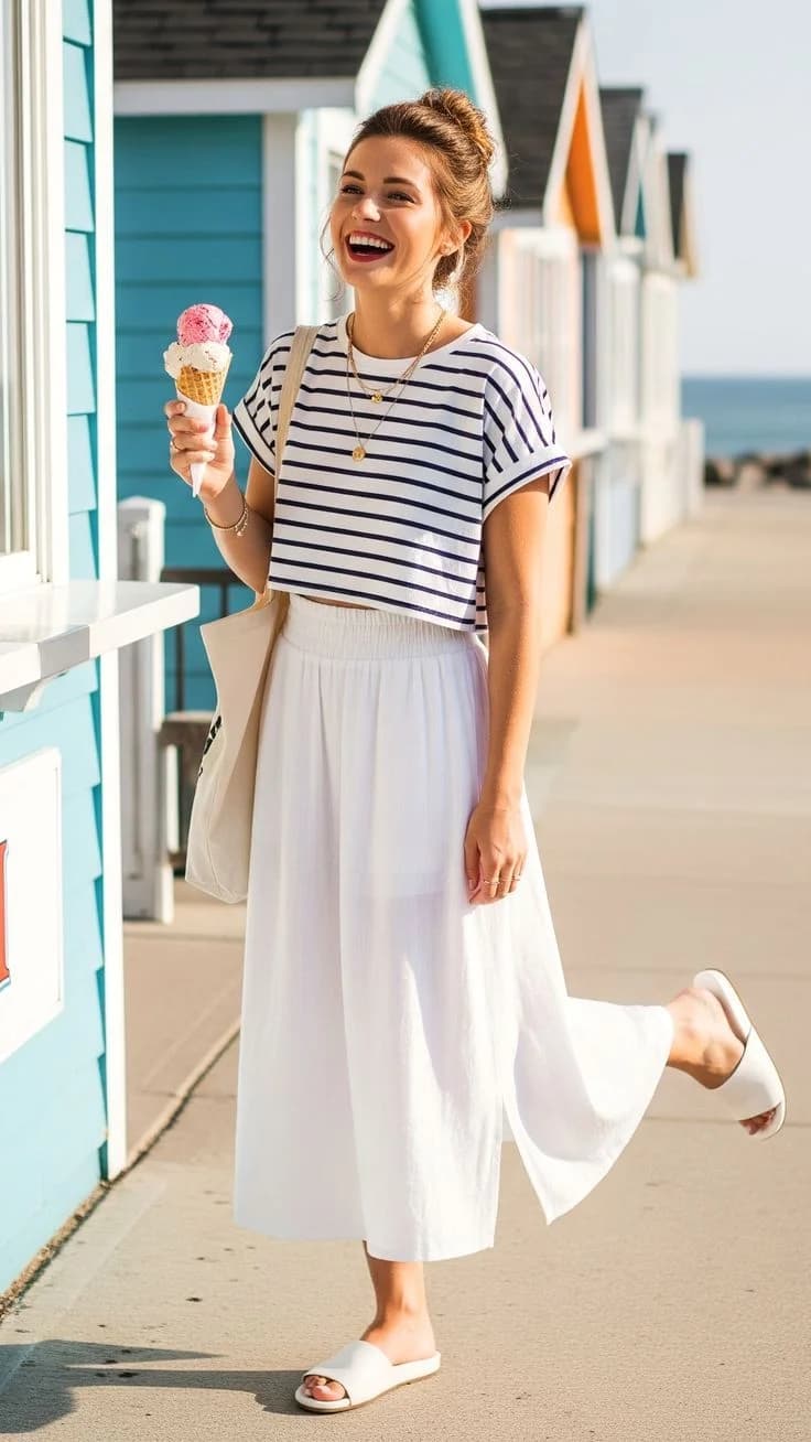 Nautical Striped Tee & Flowy White Midi Skirt School Beach Outfit