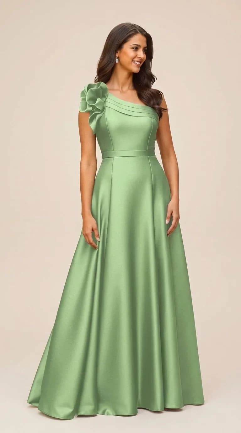 One-Shoulder Satin Maxi Dress in Sage Green