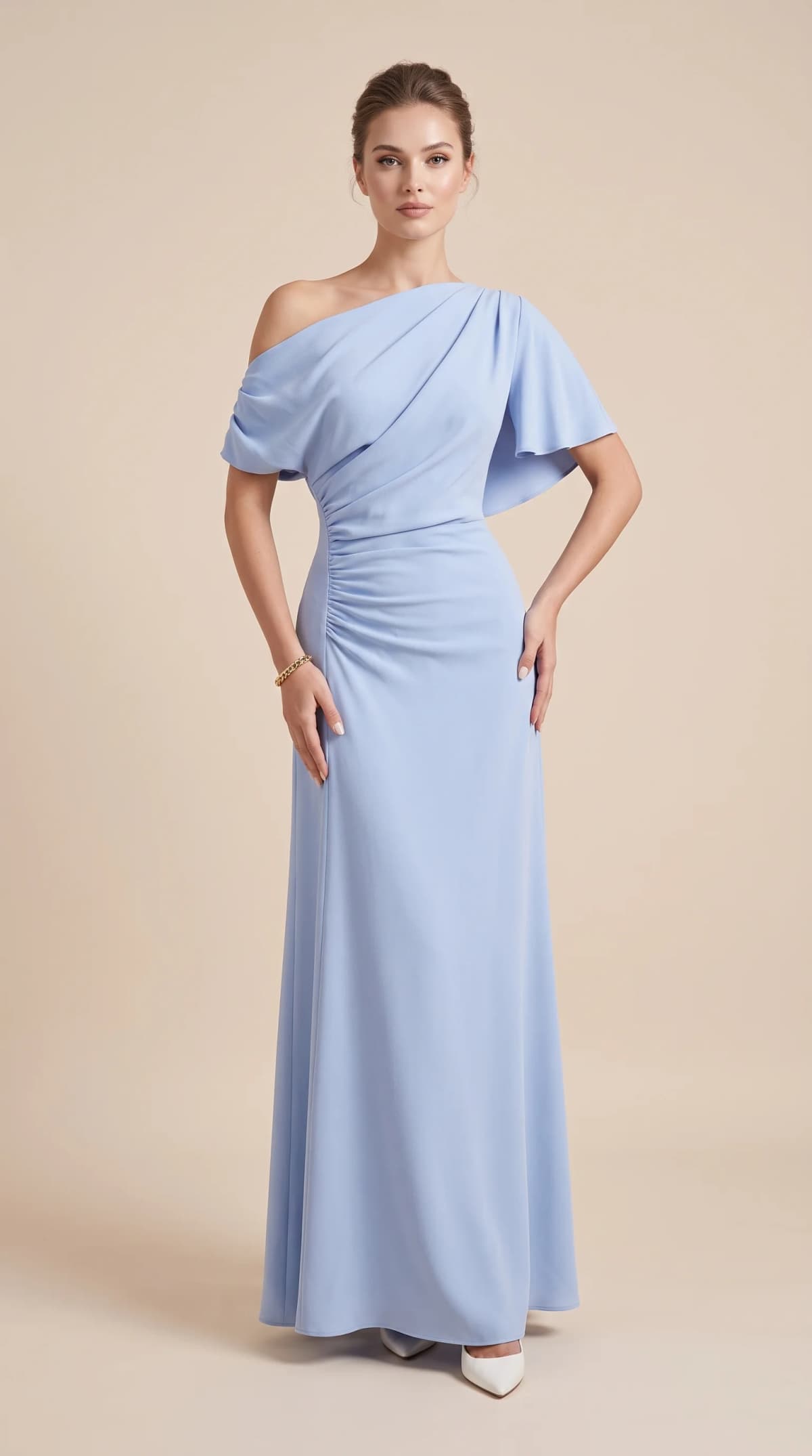 Asymmetric Sculpted Powder Blue Crepe Gowns Dress