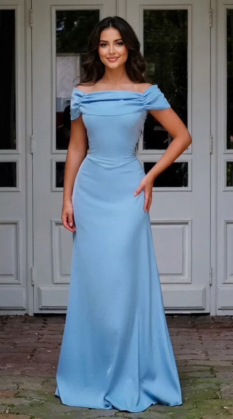 Off-the-Shoulder Folded Crepe Maxi Dress in Powder Blue