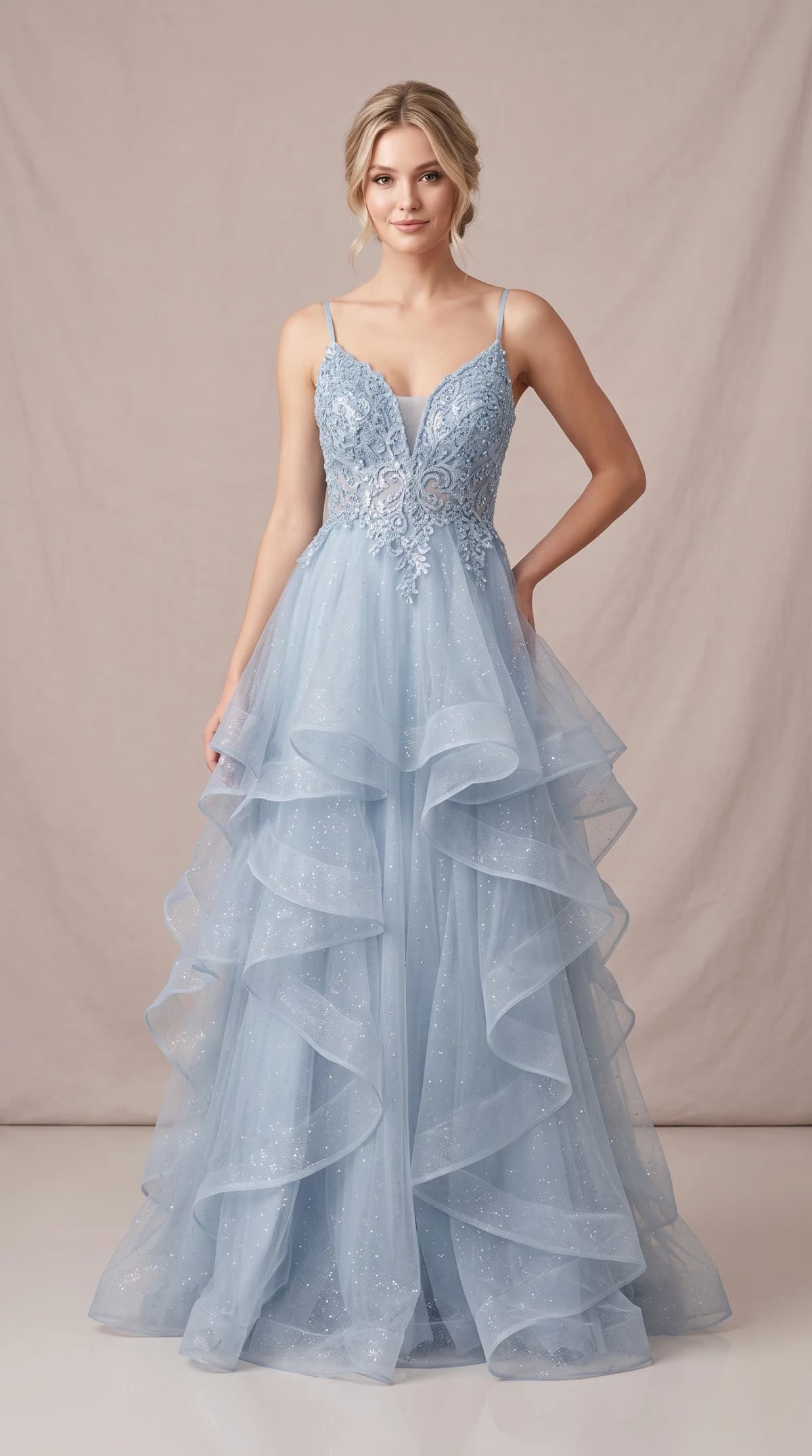 Tiered Glitter Tulle Gowns with Lace Bodice