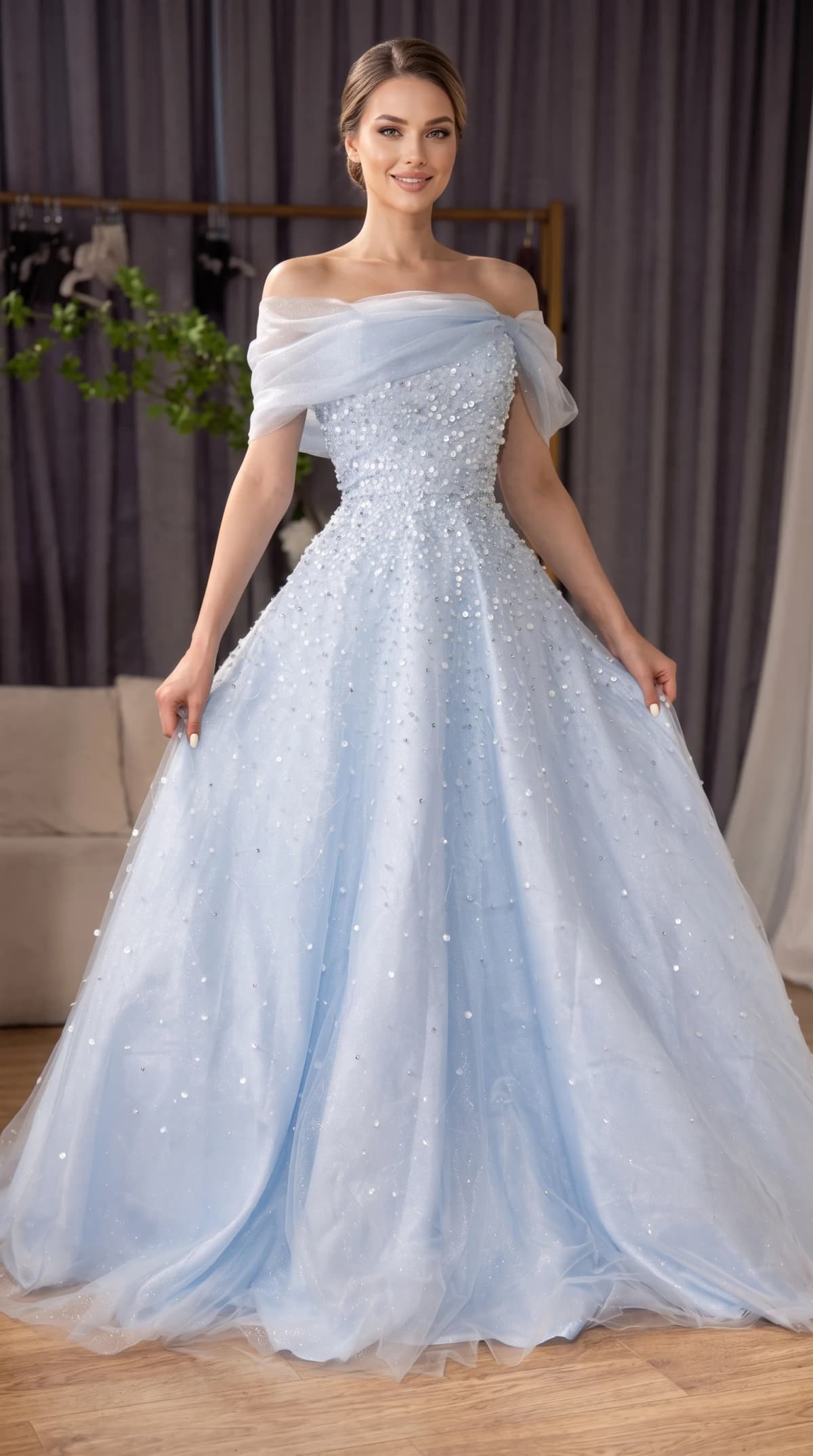 Off-The-Shoulder Beaded Sky Blue Ball Gowns