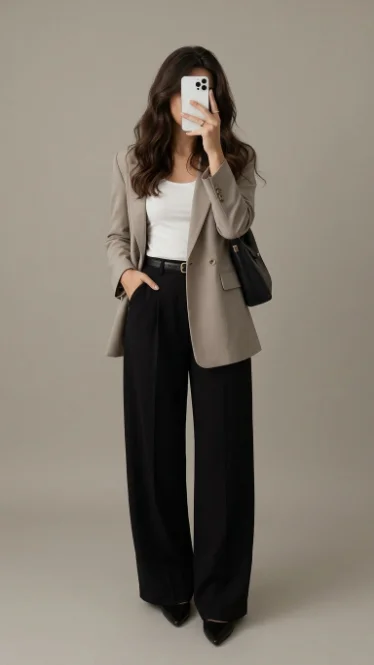 Taupe Blazer with White Top & Wide-Leg Trousers