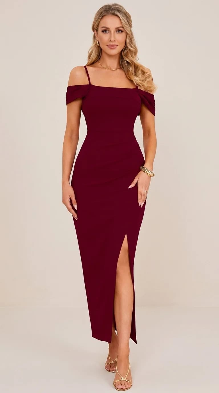 IHOT Off-Shoulder Ruched Slit Bodycon Maxi Dress in Burgundy